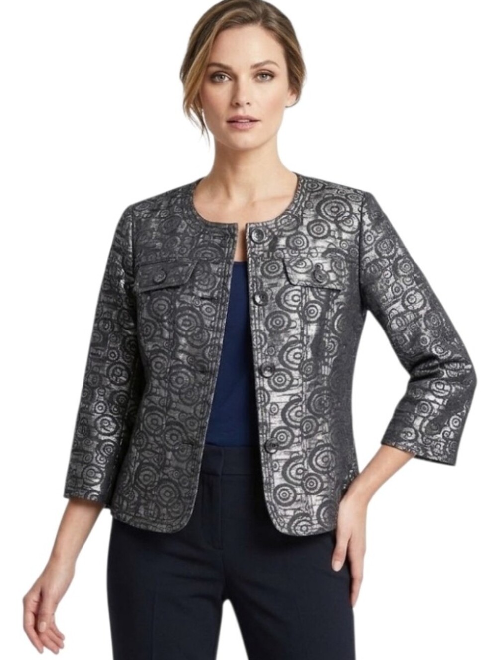Ruby Rd Metallic Button Front Top
